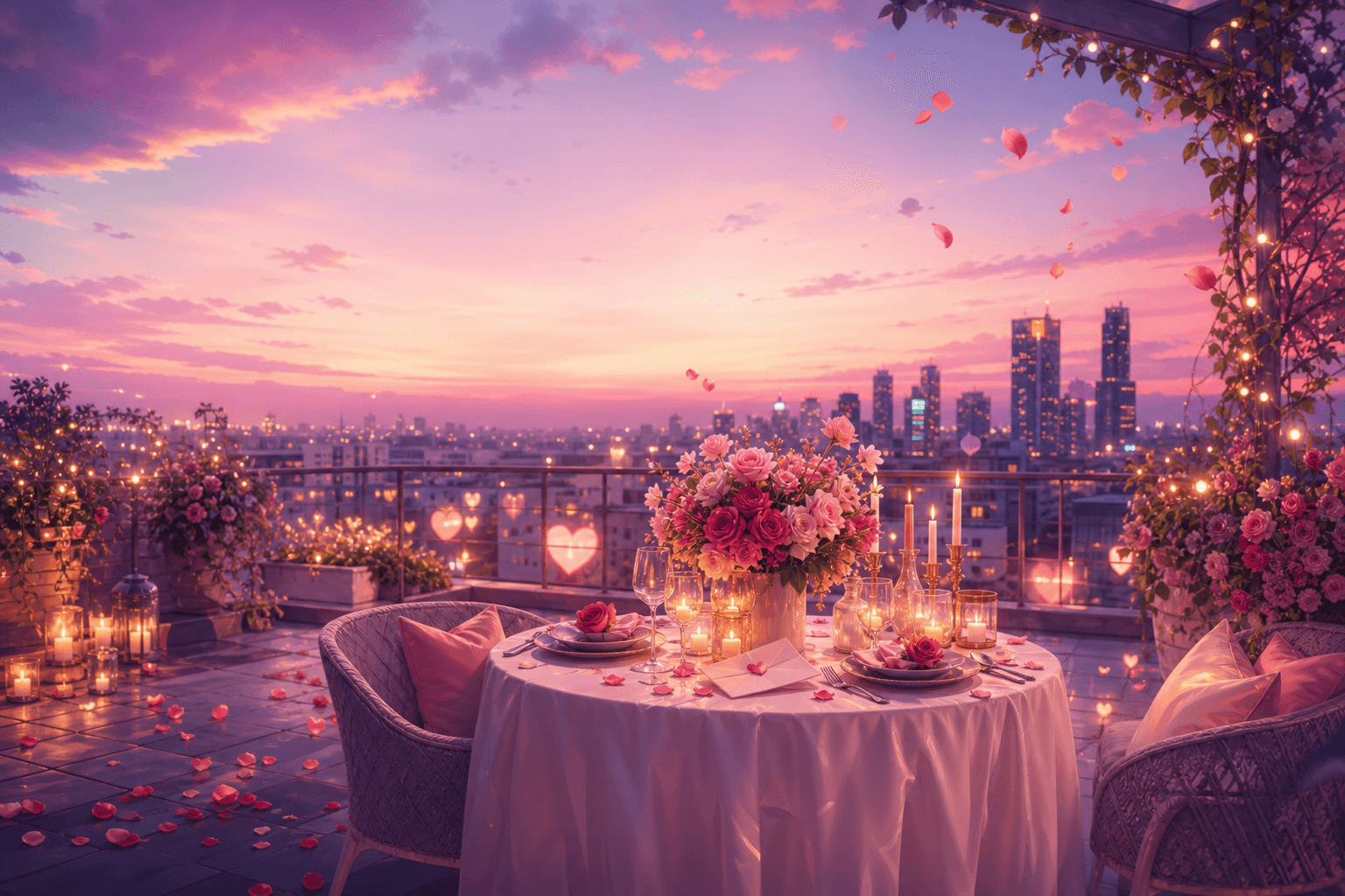 A candlelit rooftop date table at twilight